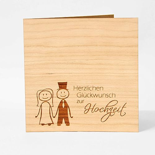 Original Holzgrusskarte - Hochzeitskarte für besondere Glückwünsche zur Hochzeit, Motiv Herzlichen Glückwunsch, Kirschholz, Hochzeitsbillet, Glückwunschkarte, Postkarte, Geschenkkarte Ehepaar