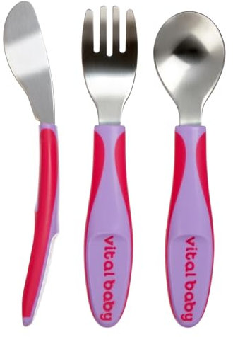 Vital Baby NOURISH Big Kid Cutlery - Stainless Steel Toddler Cutlery Set - 3pk - Chunky Handles - Fizz