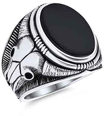 Herren Signet Ring Mit Schwarzem Onyx Oval Edelstein Im Western Stil Mit Texas Longhorn Büffel Kuh Schädel Antilopen Und Ziegen Schädel Aus .925 Sterling Silber Hergestellt In Der Türkei Und Anpassbar