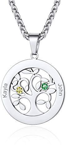 Custom4U Personalised Tree of Life Necklace-Stainless Steel Names Chain Necklace Engraved Jewellery Gifts for Mum Lover Nanny Teen Girls