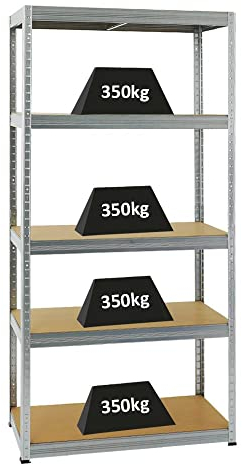 PROREGAL Scaffale per carichi pesanti Slim Elephant S | AxLxP 180x90x45cm | 5 Rapiani | Portata per ripiano 350 kg | Zincato