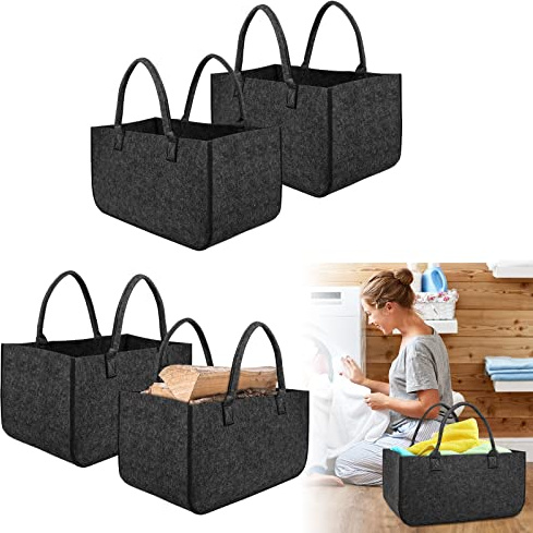 LZQ 4 Stück Groß Filztaschen Filztaschen Kaminholzkorb Filztasche Shopper Faltbar Filz kann als kaminholztasche, Einkaufstaschen, Büchertaschen (Dunkelgrau)