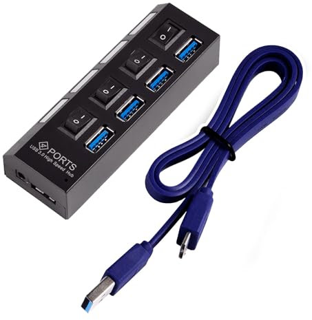 OcioDual Ladrón HUB USB 3.0/2.0 de 4 Puertos Negro Alta Velocidad con Interruptor de Encendido y Apagado para Windows, Mac Os, Linux, PC y Ordenador Portatil