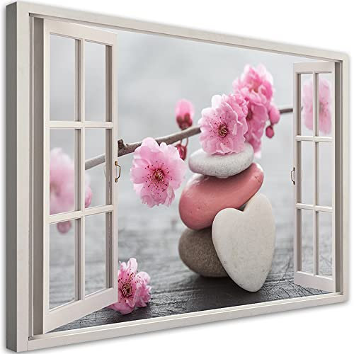 Feeby 1 pièces Impression sur toile 60x40 cm Fenêtre Zen Fleur de Cerisier Tableau Moderne Tableau Photo Chambre à Coucher Fleurs Spa rose