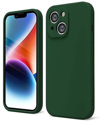 oakxco for iPhone 14 Phone Case Liquid Silicone, Cute Thin Slim Soft Rubber TPU Plain Smooth Gel Cover for Women Girl, Matte Solid Protective & Shockproof, Dark Forest Green