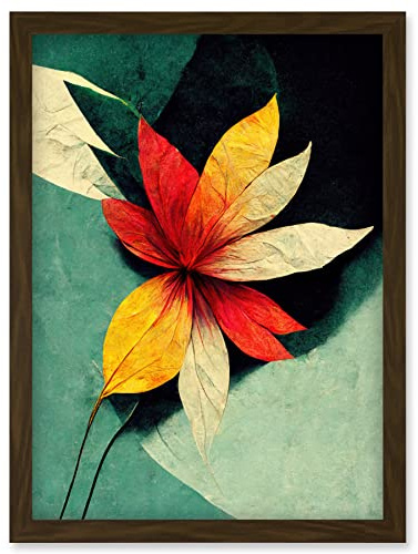 Wee Blue Coo Abstract Flowers Teal Red Yellow Artwork Framed Wall Art Print A4