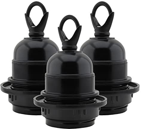 Art Deco Emporium Triple Pack E27 Lampholder in Black Bakelite with Shade Ring and Deco Styled Chain Closed Loop for Hanging Light Fittings, Black Ceiling Light Fitting or Pendant Light Fitting