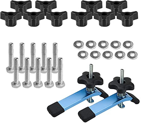 POWERTEC 71846 T-Track-Knöpfe mit 1/4-20 x 1-1/2 Zoll Sechskantschrauben und Unterlegscheiben (10 Stück) und 2 Halteklemmen 14 cm L