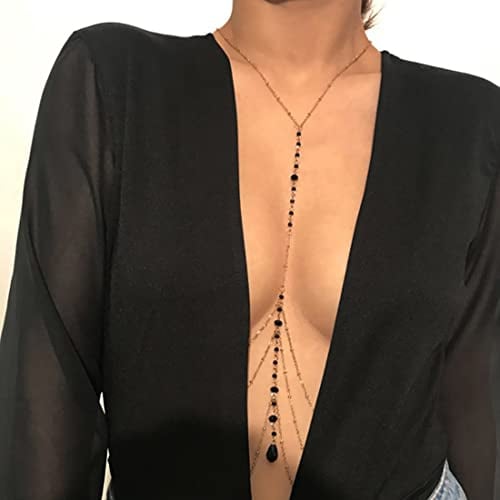 Prosy Layered Black Bead BH Kette Körper Kette Strand Körper Schmuck Party für Frauen und Mädchen (Gold)