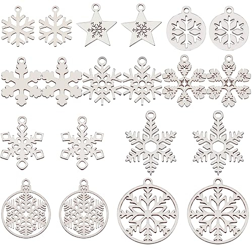 SUNNYCLUE 1 Box 20 Stück Schneeflocken Charms Schnee Charm Winter Edelstahl Doppelseitig Hohle Charme Stern Flach Rund Weihnachts Anhänger Für Die Schmuckherstellung Anhänger DIY Halskette Ohrringe