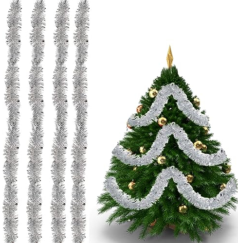 Guirnalda Espumillón De Navidad 2m - Metálico Para Árbol Y Decoración De Fiesta, 4 Piezas, Plata