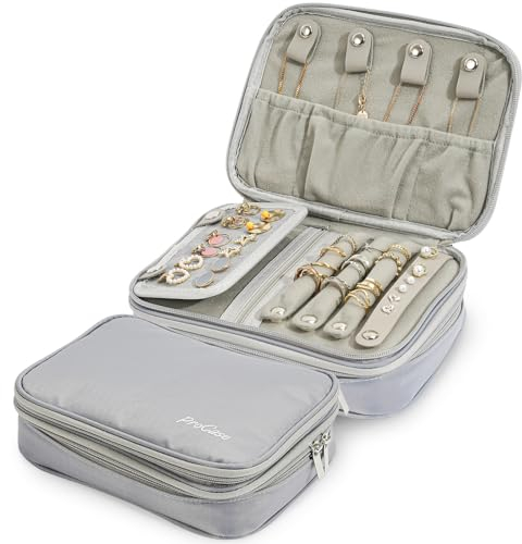 ProCase Travel Jewellery Case Organizer Bag Large, Soft Padded Double Layer Jewelry Carrying Pouch Portable Jewelry Storage Box Holder for Earring Ring Necklace Bracelet, Gift for Women Girls -Grey