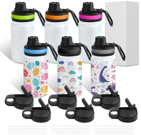 BetterSub Confezione da 6 borracce da 350 ml, per sport, a sublimazione, a doppia parete, in acciaio inox, colore bianco, con coperchio a bocca larga e cannuccia, per sport, attività all'aperto e
