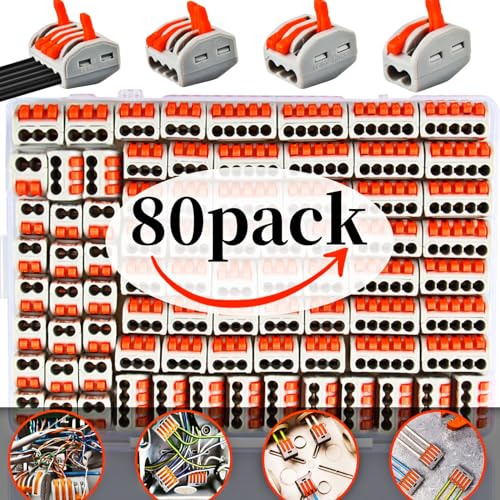 Kit Di Morsettiere, 80 Pezzi Connettore Elettrico,Morsettiere Elettriche, Terminali a Collegamento Rapido,20 Terminali a 2 Poli, 30 Terminali a 3 Poli, 10 Terminali a 4 Poli, 20 Terminali a 5 Poli