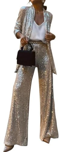 shownicer Damen Pailletten Anzug Zweiteiliger Blazer und Hose Business Hosenanzug Slim Fit Streetwear Damenanzug 2 Stück Set Festlich Pailletten Sets A Silber XL