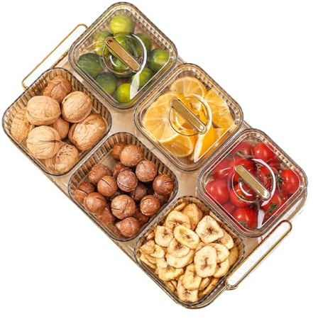 Vassoio di servizio con manico, scatola di immagazzinaggio snack in plastica, vassoio per aperitivo per feste, 6 scomparti rimovibili trasparenti per frutta secca, caramelle, noci, biscotti, frutta