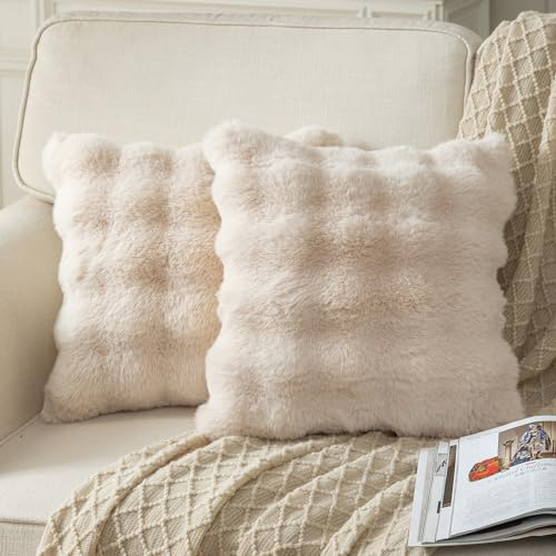 Yaertun 2er Set Beige dicken Woll Kissenbezug 60x60cm dekorative Kissenbezüge Sofakissen Dekokissen Wurfkissenbezug zierkissenbezug plüsch Kunstfell Kissenhülle Schlafzimmer Wohnzimmer