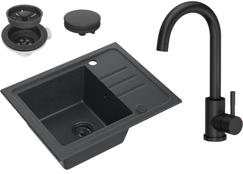 VBChome Granitspüle Schwarz 55 x 44 cm mit Armatur Matt Einbauwaschbecken Einzelbecken Reversibel Gesprenkelt Inklusive Siphon Küchenspüle aus Granit