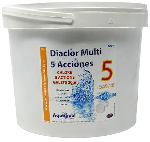 Chlore Multi Actions Piscine - Traitement Tout-en-Un 5 Actions/Pastilles 20g de Chlore stabilisé : Désinfectant, Algicide, Stabilisant, Clarifiant, Floculant - Produit Piscine Multifonctions (5KG)