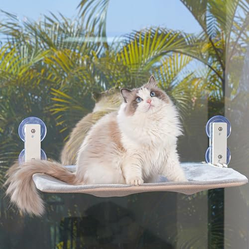 PEFUNY Cordless Folding Katze Fenster Barsch, Katze Hängematte für Fenster und Wand, mit 4 Saugnäpfen, stabile Setal Rahmen für Glasfenster und Innenwände (Grau groß)
