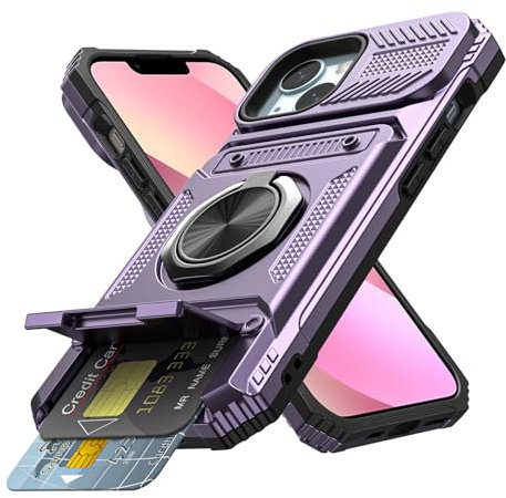 Coolden for iPhone 13 Case with Card Holder [Max 2 Cards] Ring Kickstand Armor Shockproof Military Grade Dual Layer Heavy Duty Protective Case Wallet Case Cover for iPhone 13 Phone Case-Purple