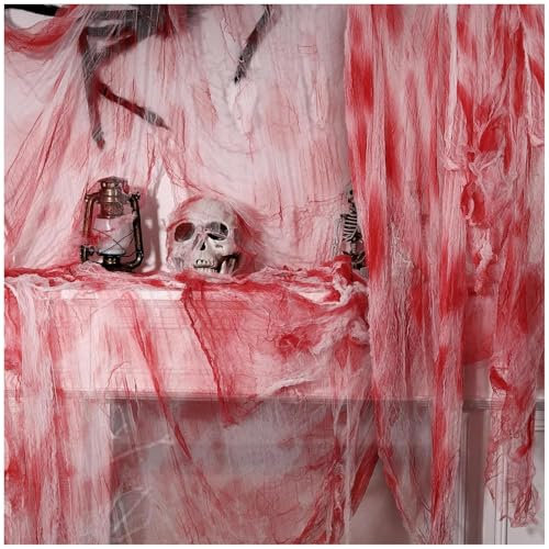 Halloween Dekoration Rot Gaze 500 X 215cm, Gruselige Mit Fälschung Blut Tuch, Grusel Deko, Spooky Deko, Spinnennetz Deko, Für Die Türen Hallen,Duschvorhänge,Veranden,Decks,Fenster,Tore,Deko Prop