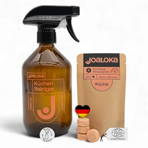 Joaloka Küchenreiniger Starter-Set, 4 Tabs für je 500 ml inklusive refill Glasflasche - für eine saubere Küche, vegan, ökologisch, ohne Microplastik, Made in Germany