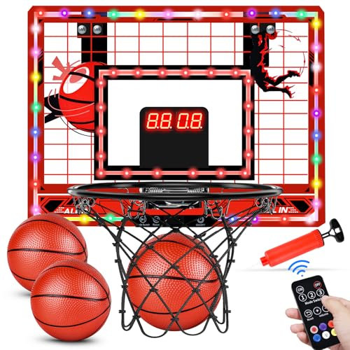 Tinytrek Basketball Hoop Indoor for Kids Over the Door Mini Basketball Hoop with LED Light, Scoreboard, Remote Control and 3 Modes & Balls-Boys Girls Toys for Ages 3+