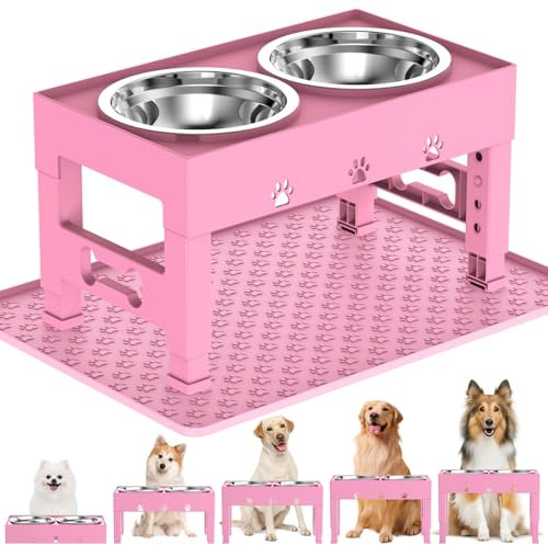 LAKIPETN Elevated Dog Bowls with Mat, Raised Dog Food Bowl Stand with 2 Stainless Steel Bowls, 5 Height Adjustable (3.1, 9, 10, 11, 12) Non-Slip Feeder Set for Medium and Large Dogs – Pink