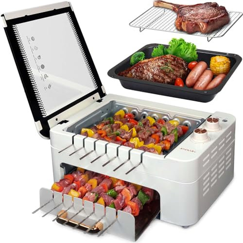 XHJ 4-in-1 Electric Indoor Grill Smokeless for Home,Countertop Electric Grill with Removable Sizzling Grill Pan & Grate + Auto Rotating Kabob Skewers + Electric Hot Dog Roller Dual Zone Cook with Lid