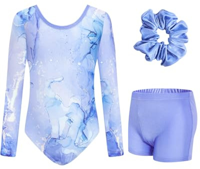 JiAmy Turnanzug Mädchen, Gymnastikanzug Kinder Turnshorts Haarband Set Gekreuzte Schulterriemen Turnanzug Leotard Set für 3-12 Jahre