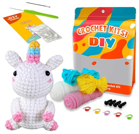 Afufu Häkelset für Anfänger, DIY Crochet Set Nähset für Kinder Erwachsene Geburtstage Geschenk, Einhorn Tiere Häkeln Kreativ Strickset für Anfänger Kinder ab 8 Jahre mit Häkelnadeln Garn und Video