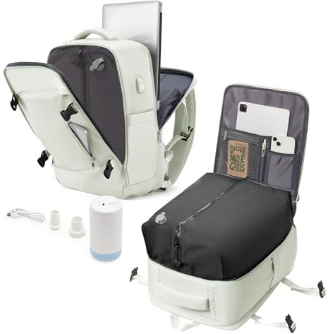 Sac a Dos de Voyage Cabine Avion sous Vide avec Pompe – Sac de Compression avec Airbag, Port USB, Bagage à Main Imperméable -Blanc