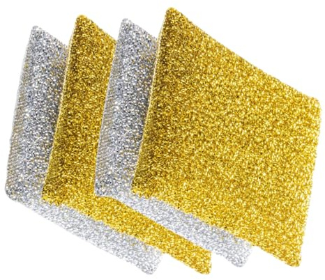 WRITWAA 4 Stück-Pack Doppelseitiger Spülschwamm Aus Polyester Garn Kompakter Wokschwamm in Gold Und Silber Wiederverwendbarer Küchenschwamm Für Geschirr Und Oberflächen