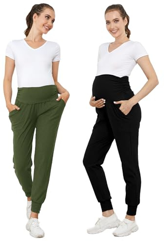 PARNIXS Umstandsmode Zweiteiliges Set Basic Stretch-Design mit Taschen Weiche Leggings für aktive Mütter Yogahosen – Ganzjährig tragbar