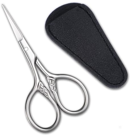 Small Scissors, Small Travel Scissors with Case, Stainless Steel Mini Scissor with Textured Handle, Multi-Purpose Vintage Beauty Grooming Kit for Facial Hair, Eyebrows, PU Leather Case