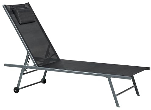 Beliani Set of 2 Garden Loungers Steel Powder Coated Frame Adjustable Backrest Headrest Cushion Grey Frame Black Soroni