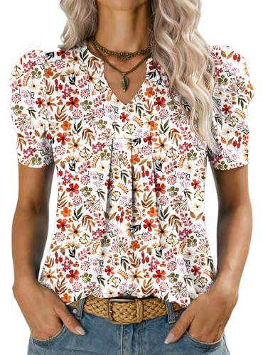 Kistore Women's T-Shirts Casual Short Sleeve Summer Tops White Red Floral M