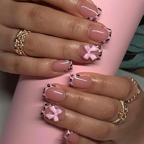 Leopard Print French Tip Press on Nails Square Fake Nails 3D Resin Bow Charm Designs False Nails Glossy Nude Pink Full Cover Acrylic Stick on Nails for Women Girls DIY Manicure Decoration 24Pcs