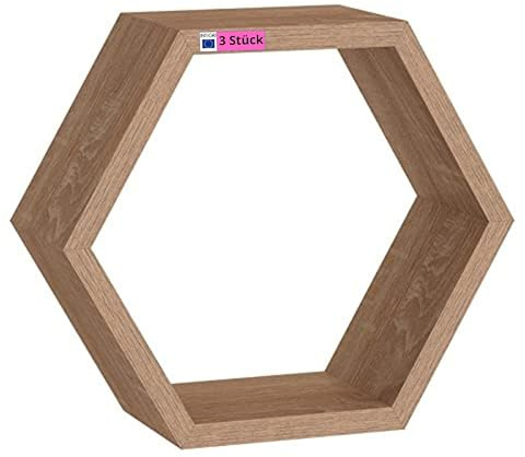 Velano Hexagon Regal - 3er Set Wandregal - Schweberegal - Hängeregal - Bücherregal - Regal Wand - 30x26x11.5 cm - Wanddeko Wohnzimmer - Schlafzimmer - Küche - Badezimmer - Kinderzimmer FHS