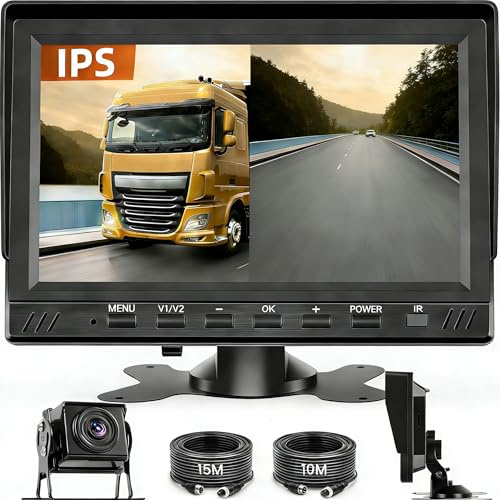 Hikity 1080P DVR Dual Rückfahrkamera Monitor Set 7 Zoll IPS Monitor 12-36V | Loop Aufnahme IP68 Wasserdichte Rückfahrkamera Nachtsicht DIY Parkleitlinie Kamera für WohnmobileAnhänger und LKWs