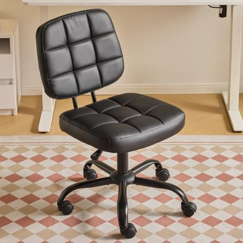 Bonnlo Armless Office Swivel Computer Desk Chair with Wheels, Height Adjustable Vanity Chair without Armrest, Dressing Table Stool for Small Space, Bedroom, PU Leather, Black