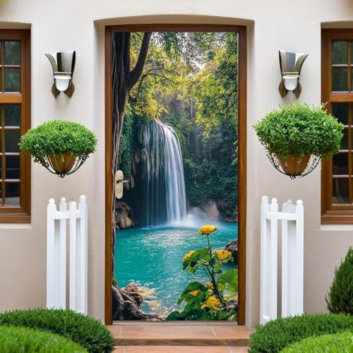Vert Sticker de Porte 83x204cm paysage de cascade en forêt Poster Porte Trompe L'oeil Auto-Adhésif PVC Papier Peint Imperméable Amovible DIY Murales Chambre Salon Cuisine Decor