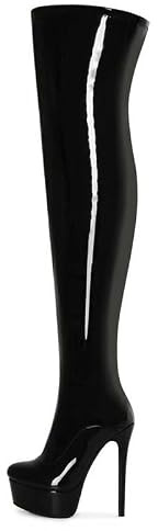 Veelau Meieer Stivali da donna con plateau in pelle laccata, sopra il ginocchio, con chiusura lampo, Nero , 42 EU