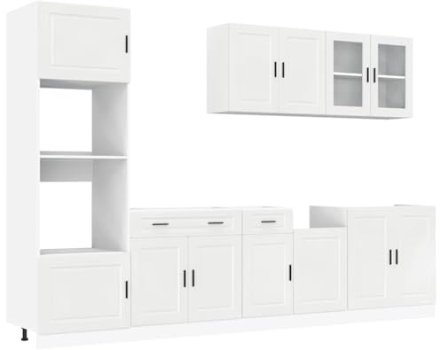 HFXHIJXQ 7-teiliges Küchenschrank-Set Kalmar Hochglanz-Weiß 80x46x82 Holzwerkstoff moderner Kochraum-Möbel Komplett mit Hängeschrank Glas & Unterschrank für Essküche & Küchenzeile
