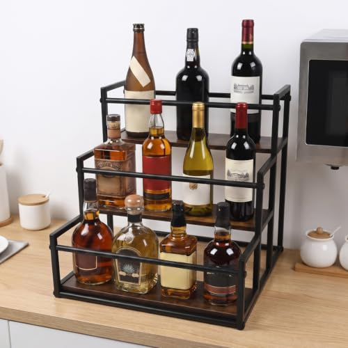Vurixfo 3 Tier Liquor Display Shelf Countertop Rustic Bar Organizer | Iron Wood, Rustic Brown/Black, 34x33.7x33.5cm, Easy Assembly, Hardware Included, for Whiskey, Wine, Syrup, Bar, Kitchen