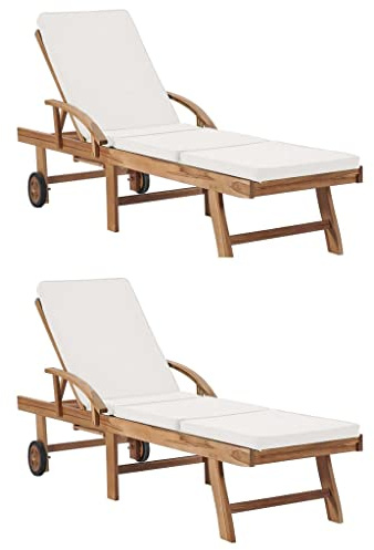 WRJENFSC Juego de 2 tumbonas de madera de teca maciza, tumbona de jardín ajustable con ruedas y estante, tumbona de terraza con cojín crema, 195 x 59,5 cm, tumbona de madera para jardín y piscina