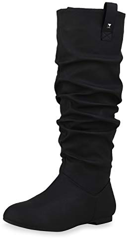 SCARPE VITA Damen Schlupfstiefel Warm Gefütterte Stiefel Nieten Wildleder-Optik Schuhe Flache Slouch Boots 152410 Schwarz 39