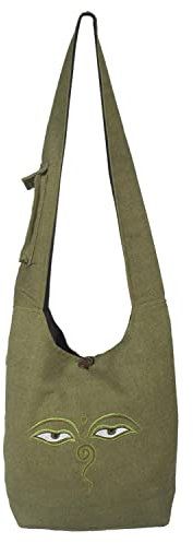 Vishes - Umhängetasche aus handgewebter Baumwolle mit Eyes of Buddha Stickerei Olive