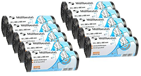 10er SET DEISS 44902 - UNIVERSAL PLUS - 15 Liter Abfallsäcke GRAU - 50 Stk. pro Rolle/Recycling-HDPE/Emil Deiss/Müllbeutel